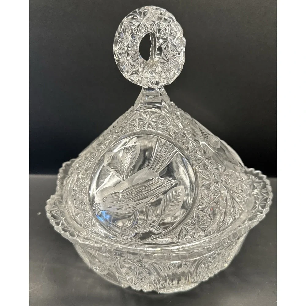 Hofbauer Byrdes Collection Bird Clear Crystal Large Candy Dish Nut Bowl Lid VTG